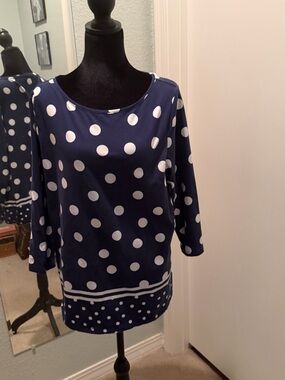 Talbots Navy and White Polka Dot Long Sleeve Top